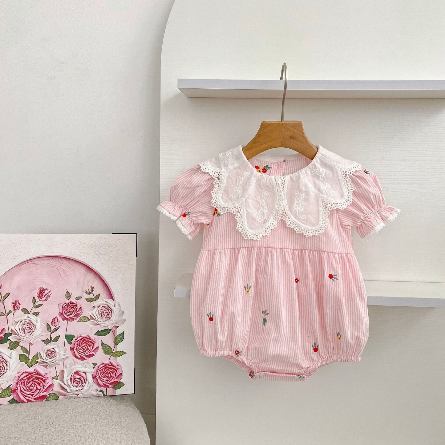 Stripe Embroidery Romper Dress 刺繍 ストライプ ロンパース ワンピース【mh0013168】 Aeg babyi 半袖ロンパース