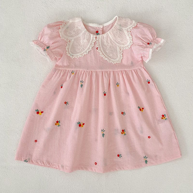 Stripe Embroidery Romper Dress 刺繍 ストライプ ロンパース ワンピース【mh0013168】 Dress / 90cm Aeg babyi 半袖ロンパース