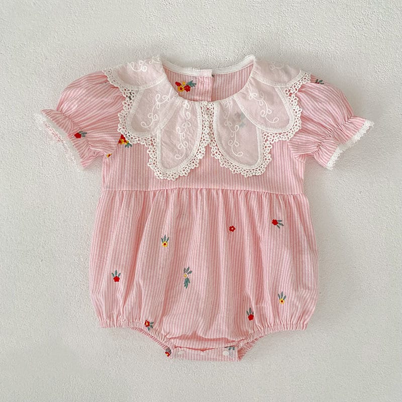 Stripe Embroidery Romper Dress 刺繍 ストライプ ロンパース ワンピース【mh0013168】 Rompers / 66cm Aeg babyi 半袖ロンパース