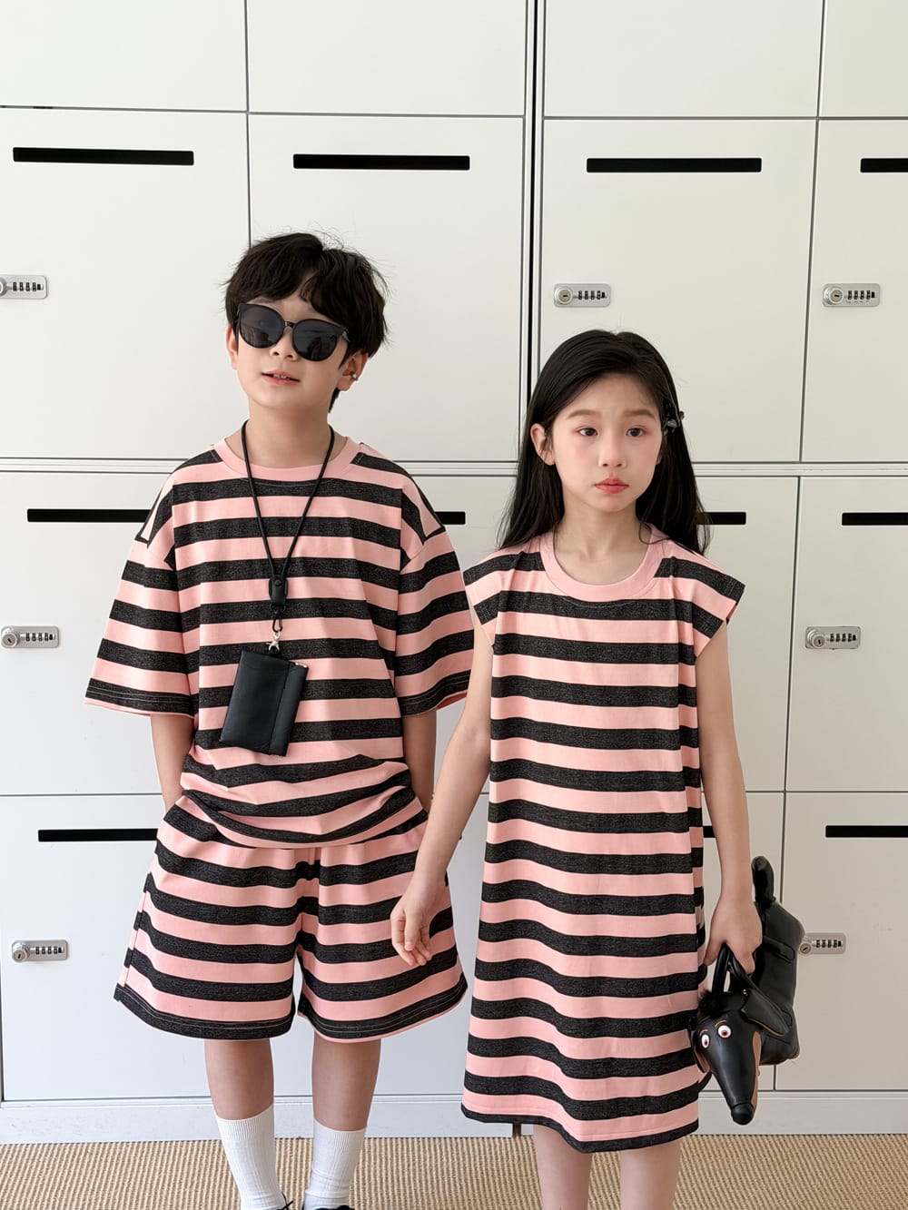 Stripe Loose T-shirt Dress And Shorts Set ボーダー 半袖Tシャツ ハーフパンツ ノースリーブワンピース【mh0013520】 KUMAI.KIDS 半袖セットアップ