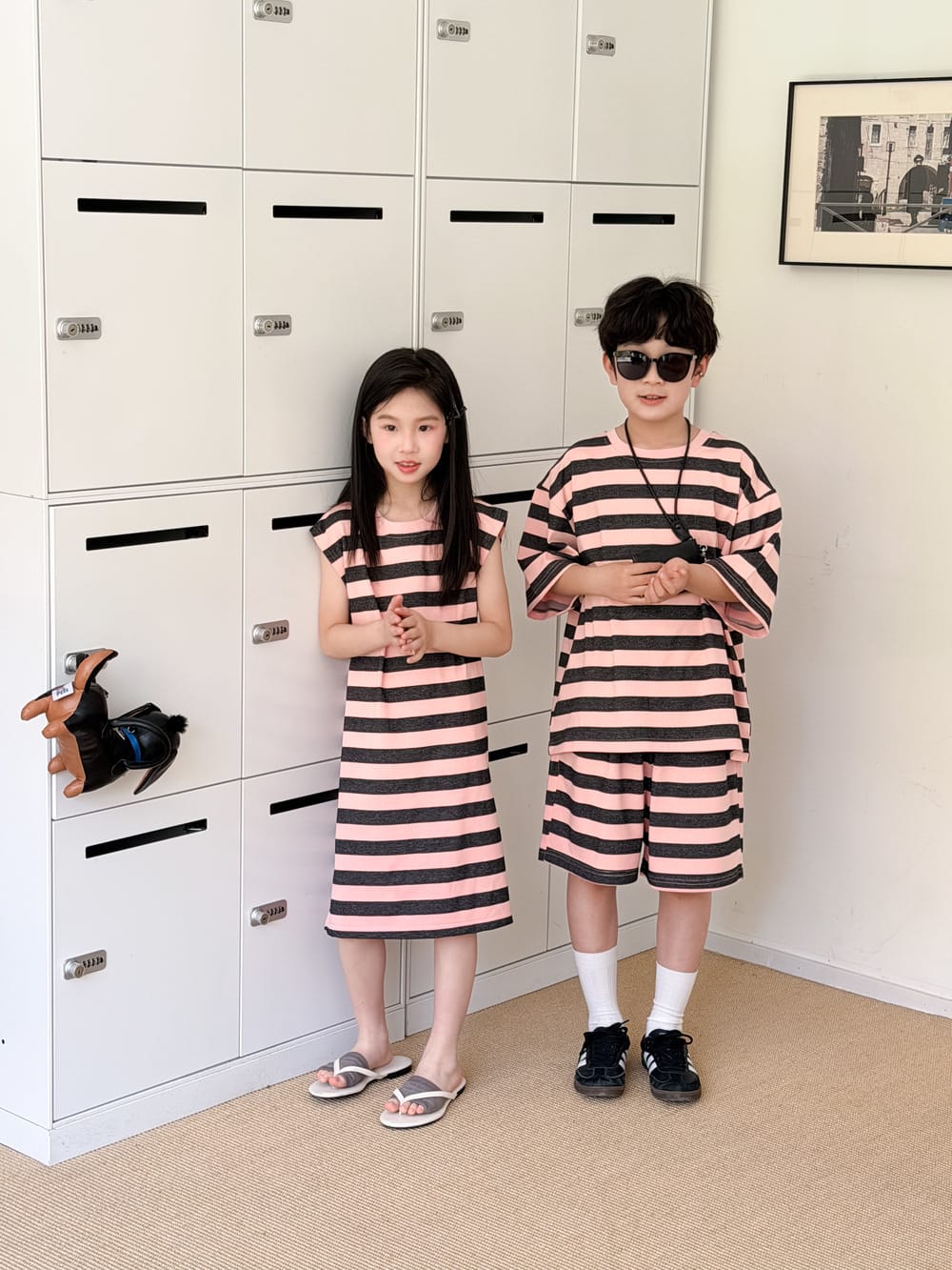 Stripe Loose T-shirt Dress And Shorts Set ボーダー 半袖Tシャツ ハーフパンツ ノースリーブワンピース【mh0013520】 KUMAI.KIDS 半袖セットアップ