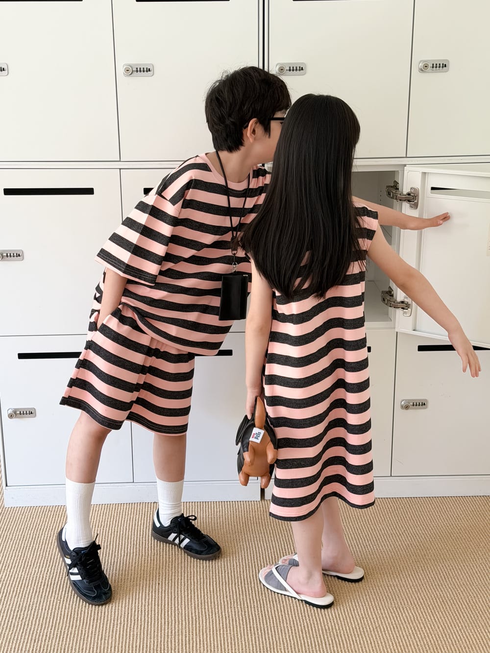 Stripe Loose T-shirt Dress And Shorts Set ボーダー 半袖Tシャツ ハーフパンツ ノースリーブワンピース【mh0013520】 KUMAI.KIDS 半袖セットアップ