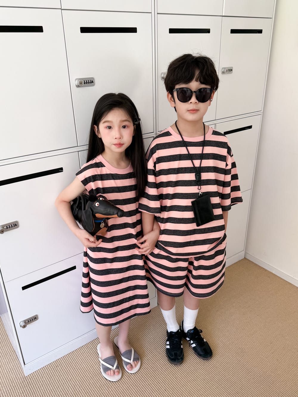 Stripe Loose T-shirt Dress And Shorts Set ボーダー 半袖Tシャツ ハーフパンツ ノースリーブワンピース【mh0013520】 KUMAI.KIDS 半袖セットアップ