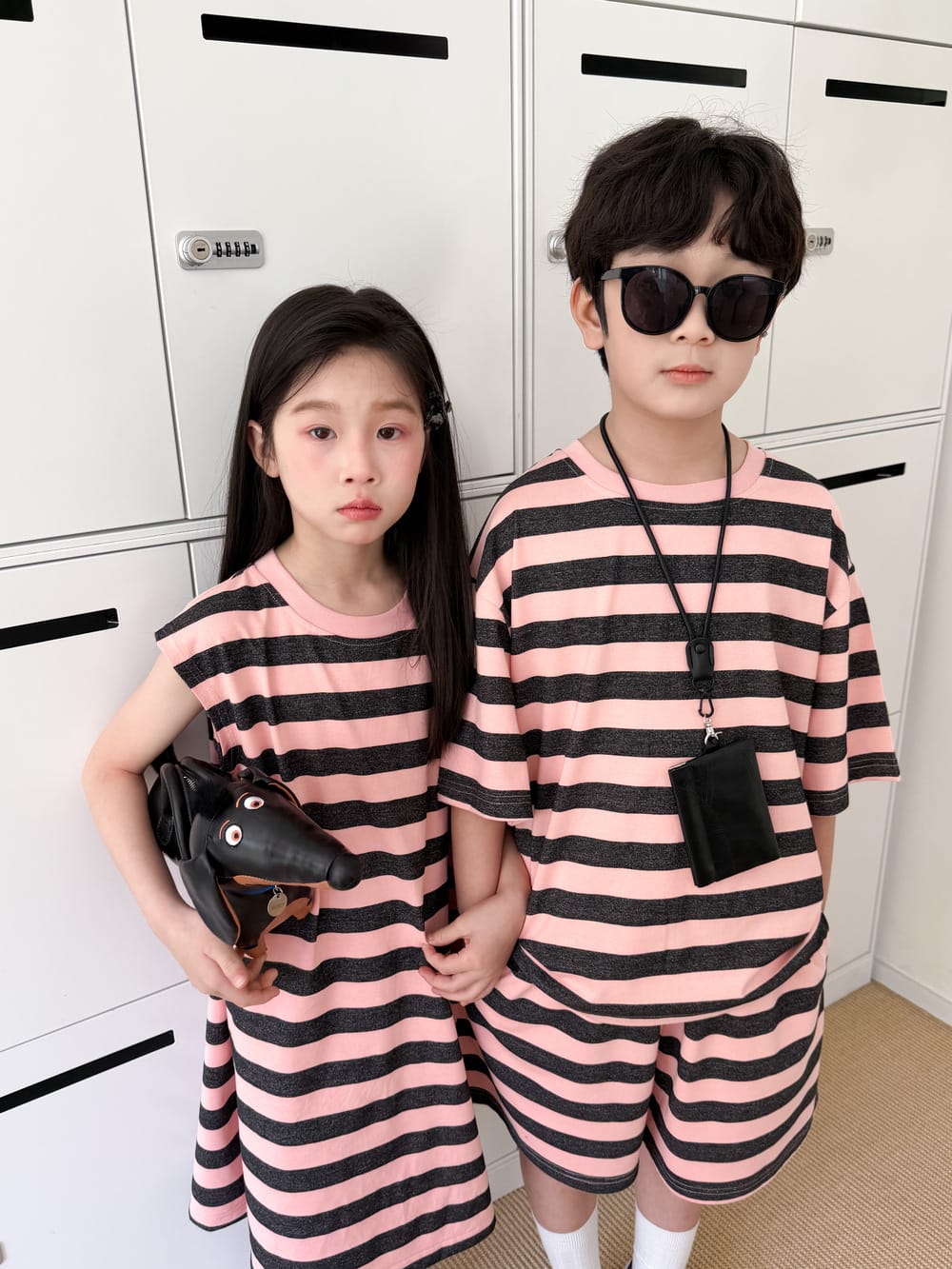 Stripe Loose T-shirt Dress And Shorts Set ボーダー 半袖Tシャツ ハーフパンツ ノースリーブワンピース【mh0013520】 KUMAI.KIDS 半袖セットアップ