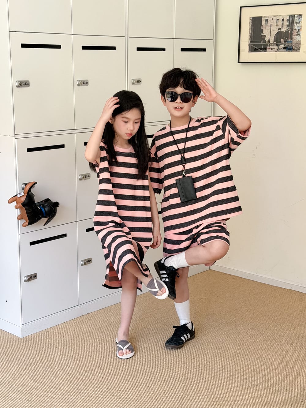 Stripe Loose T-shirt Dress And Shorts Set ボーダー 半袖Tシャツ ハーフパンツ ノースリーブワンピース【mh0013520】 KUMAI.KIDS 半袖セットアップ