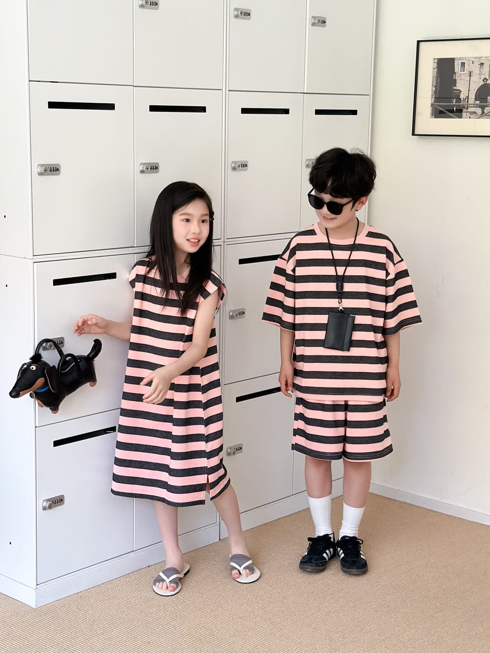 Stripe Loose T-shirt Dress And Shorts Set ボーダー 半袖Tシャツ ハーフパンツ ノースリーブワンピース【mh0013520】 KUMAI.KIDS 半袖セットアップ