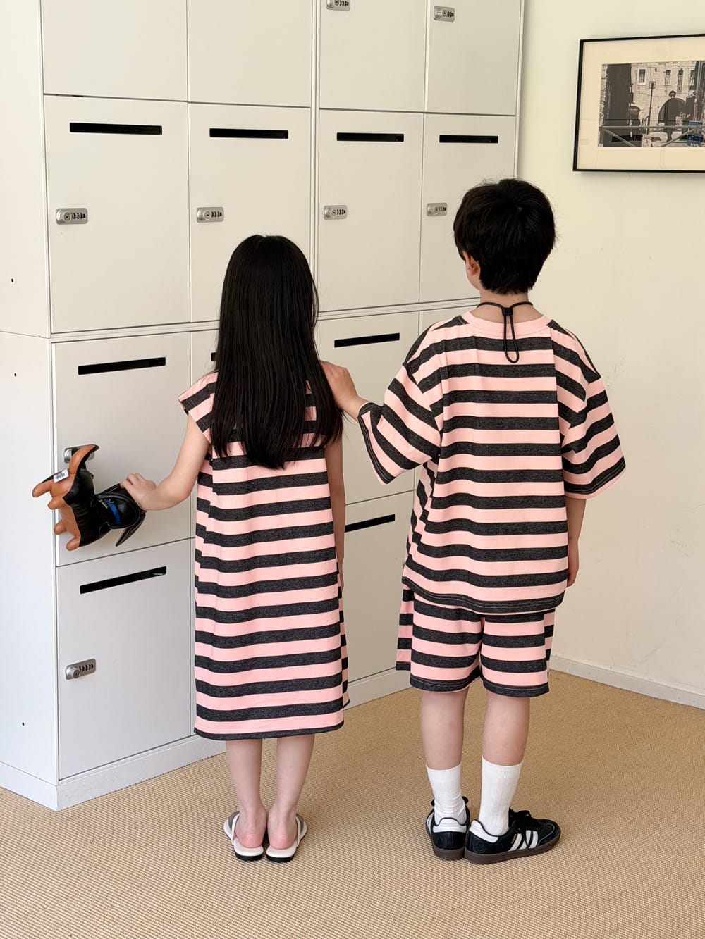 Stripe Loose T-shirt Dress And Shorts Set ボーダー 半袖Tシャツ ハーフパンツ ノースリーブワンピース【mh0013520】 KUMAI.KIDS 半袖セットアップ