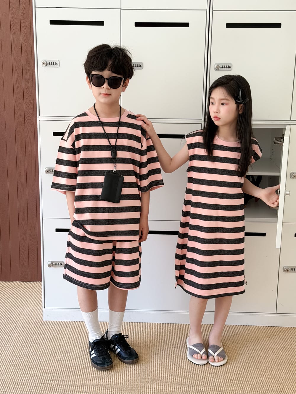 Stripe Loose T-shirt Dress And Shorts Set ボーダー 半袖Tシャツ ハーフパンツ ノースリーブワンピース【mh0013520】 KUMAI.KIDS 半袖セットアップ