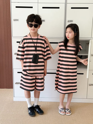 Stripe Loose T-shirt Dress And Shorts Set ボーダー 半袖Tシャツ ハーフパンツ ノースリーブワンピース【mh0013520】 KUMAI.KIDS 半袖セットアップ