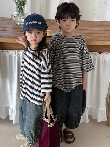 Striped Asymmetrical Hem Cotton Tops ボーダー 半袖Tシャツ【mh0013465】 Blue / 80cm Jiaye Kids 半袖Tシャツ