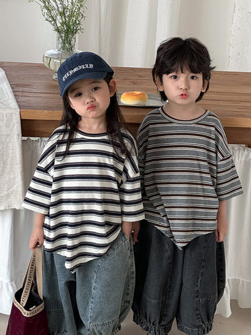 Striped Asymmetrical Hem Cotton Tops ボーダー 半袖Tシャツ【mh0013465】 Jiaye Kids 半袖Tシャツ