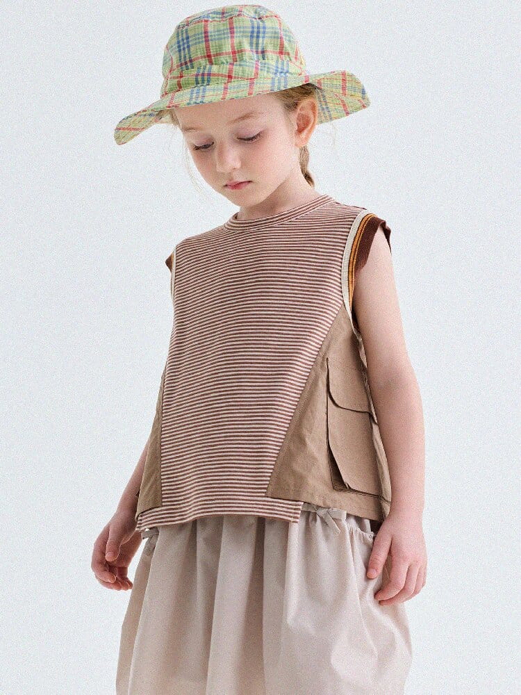 Striped Cargo Vest Cotton T-shirt ストライプ ノースリーブTシャツ【mh0013203】 yunerma タンクトップ・キャミソール・ノースリーブトップス