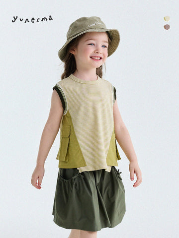 Striped Cargo Vest Cotton T-shirt ストライプ ノースリーブTシャツ【mh0013203】 yunerma タンクトップ・キャミソール・ノースリーブトップス