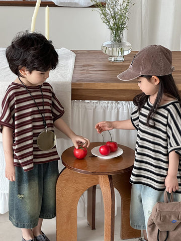 Striped Casual Loose Cotton Tops ボーダー 半袖Tシャツ【mh0013463】 Jiaye Kids 半袖Tシャツ