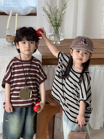 Striped Casual Loose Cotton Tops ボーダー 半袖Tシャツ【mh0013463】 Jiaye Kids 半袖Tシャツ