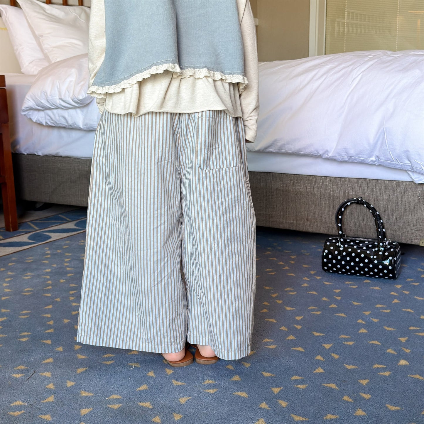 Striped Check Wide Cropped Pants ストライプ チェック ワイドパンツ【mh0012443】 ADbaby ロングパンツ・スウェットパンツ