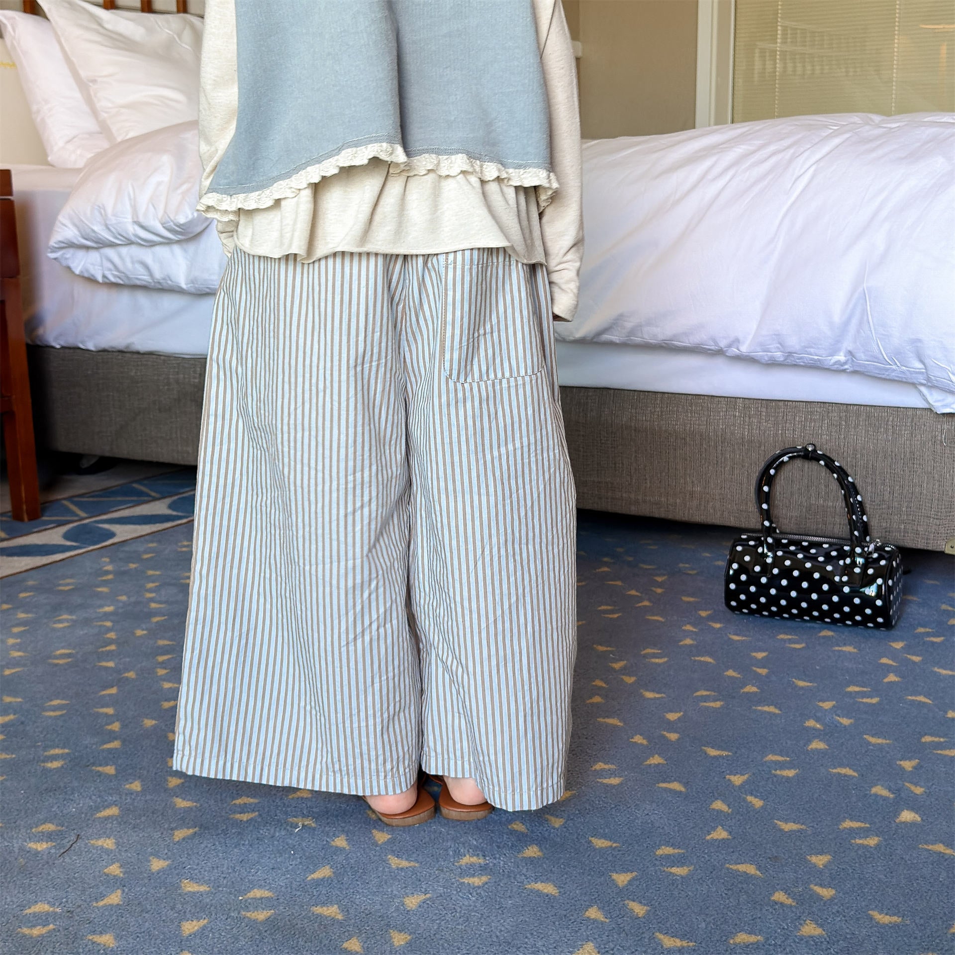 Striped Check Wide Cropped Pants ストライプ チェック ワイドパンツ【mh0012443】 ADbaby ロングパンツ・スウェットパンツ