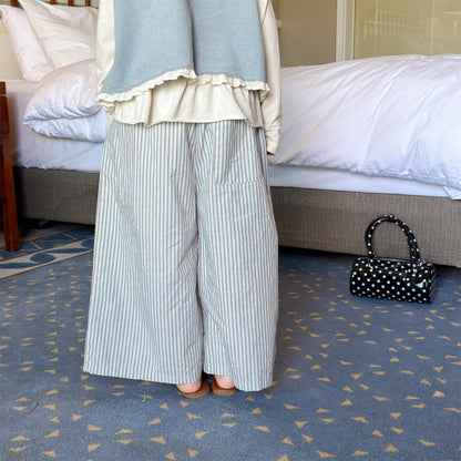 Striped Check Wide Cropped Pants ストライプ チェック ワイドパンツ【mh0012443】 ADbaby ロングパンツ・スウェットパンツ