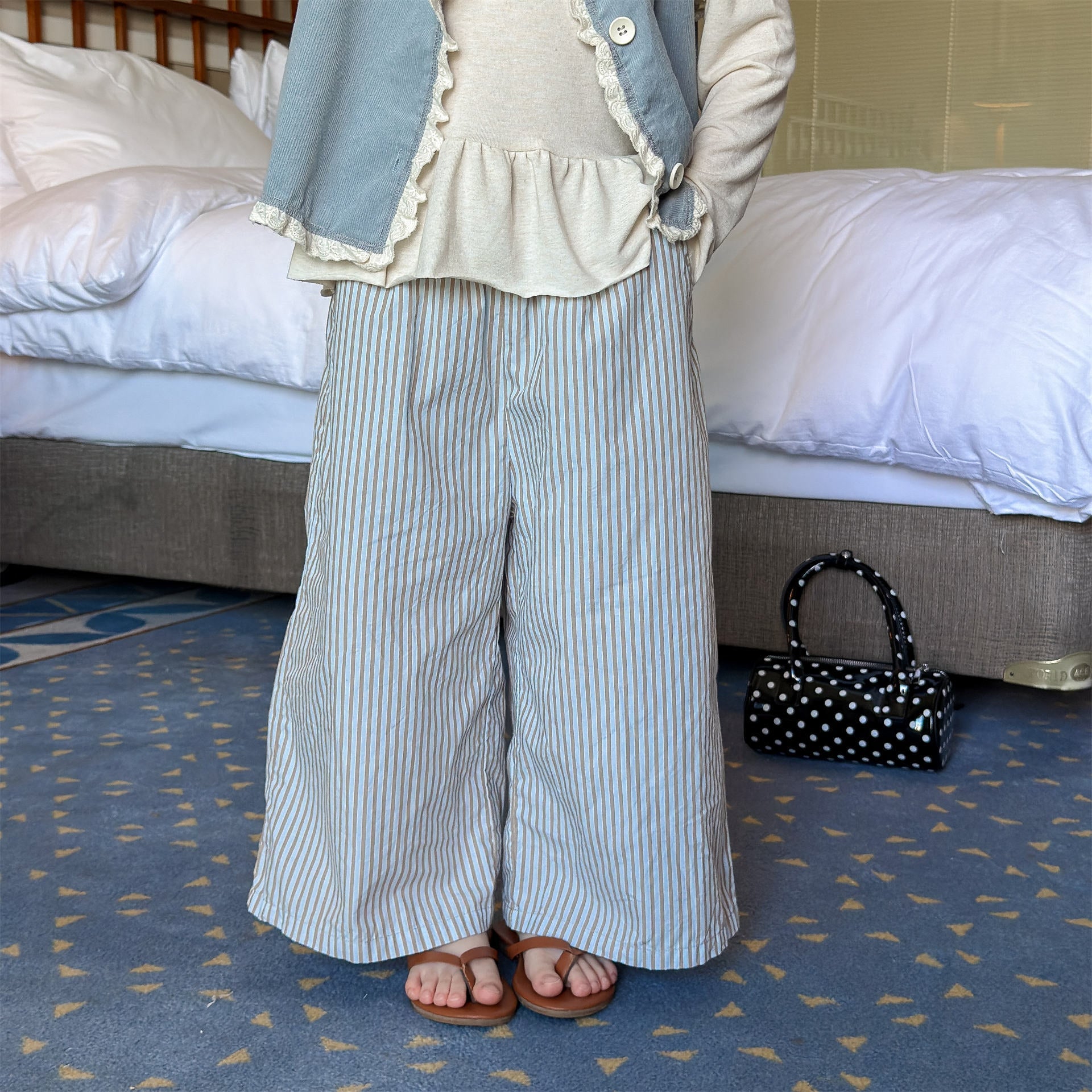 Striped Check Wide Cropped Pants ストライプ チェック ワイドパンツ【mh0012443】 ADbaby ロングパンツ・スウェットパンツ