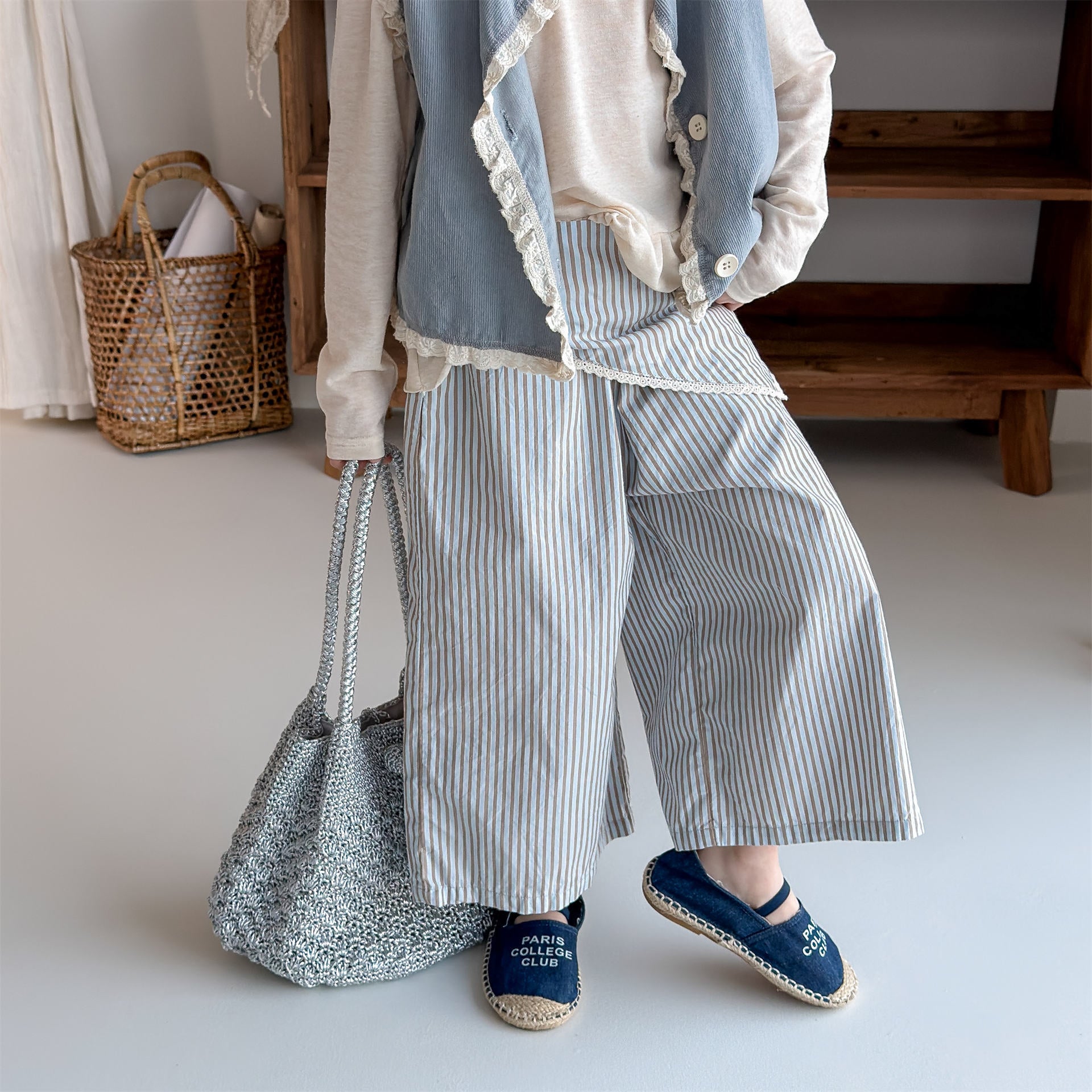 Striped Check Wide Cropped Pants ストライプ チェック ワイドパンツ【mh0012443】 ADbaby ロングパンツ・スウェットパンツ