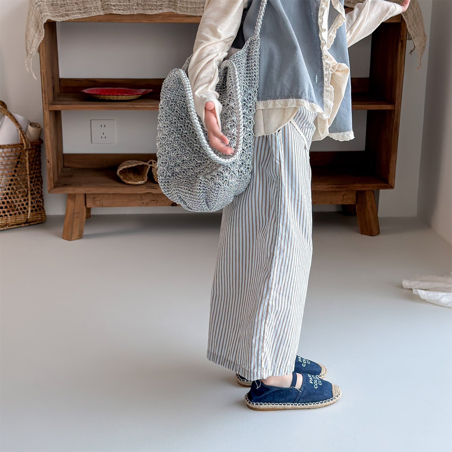 Striped Check Wide Cropped Pants ストライプ チェック ワイドパンツ【mh0012443】 ADbaby ロングパンツ・スウェットパンツ