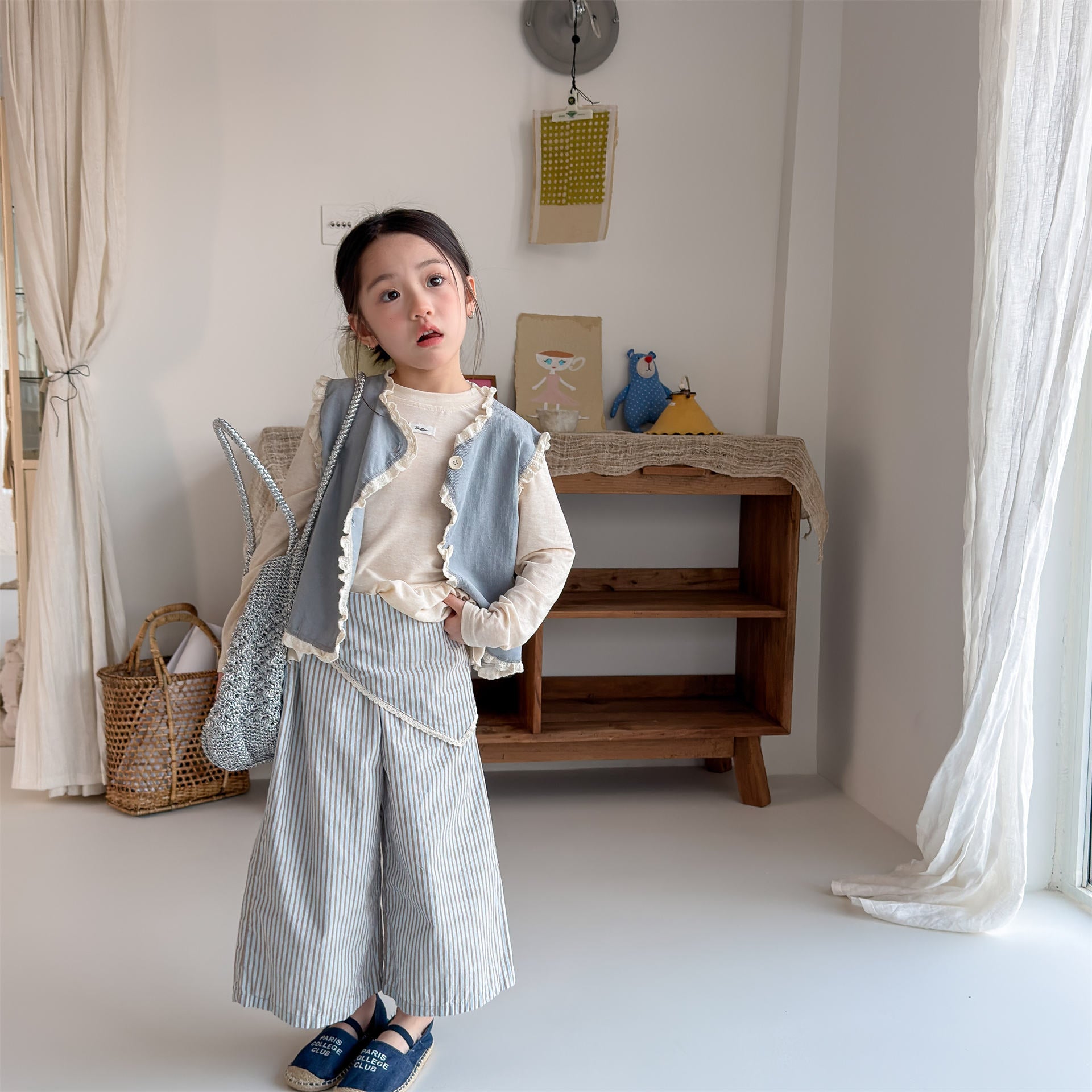 Striped Check Wide Cropped Pants ストライプ チェック ワイドパンツ【mh0012443】 ADbaby ロングパンツ・スウェットパンツ
