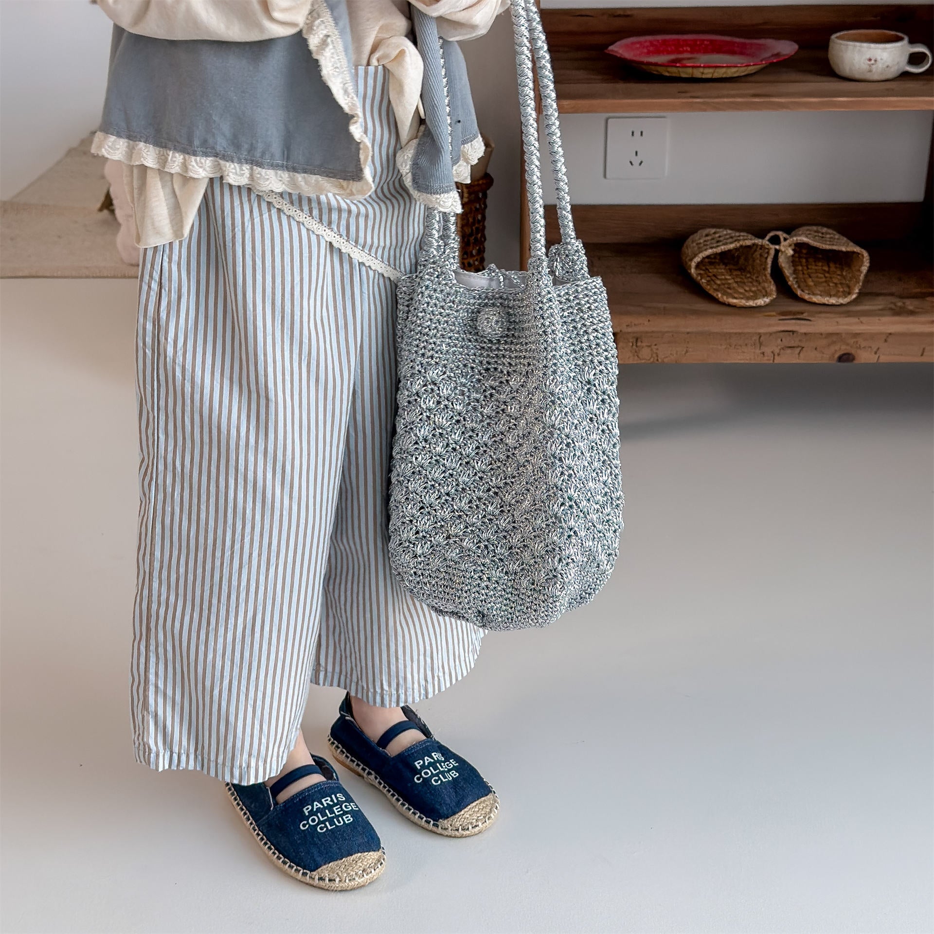 Striped Check Wide Cropped Pants ストライプ チェック ワイドパンツ【mh0012443】 ADbaby ロングパンツ・スウェットパンツ
