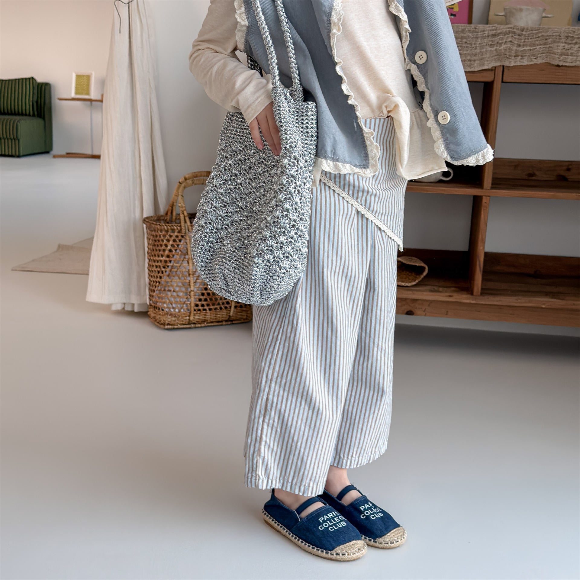 Striped Check Wide Cropped Pants ストライプ チェック ワイドパンツ【mh0012443】 ADbaby ロングパンツ・スウェットパンツ