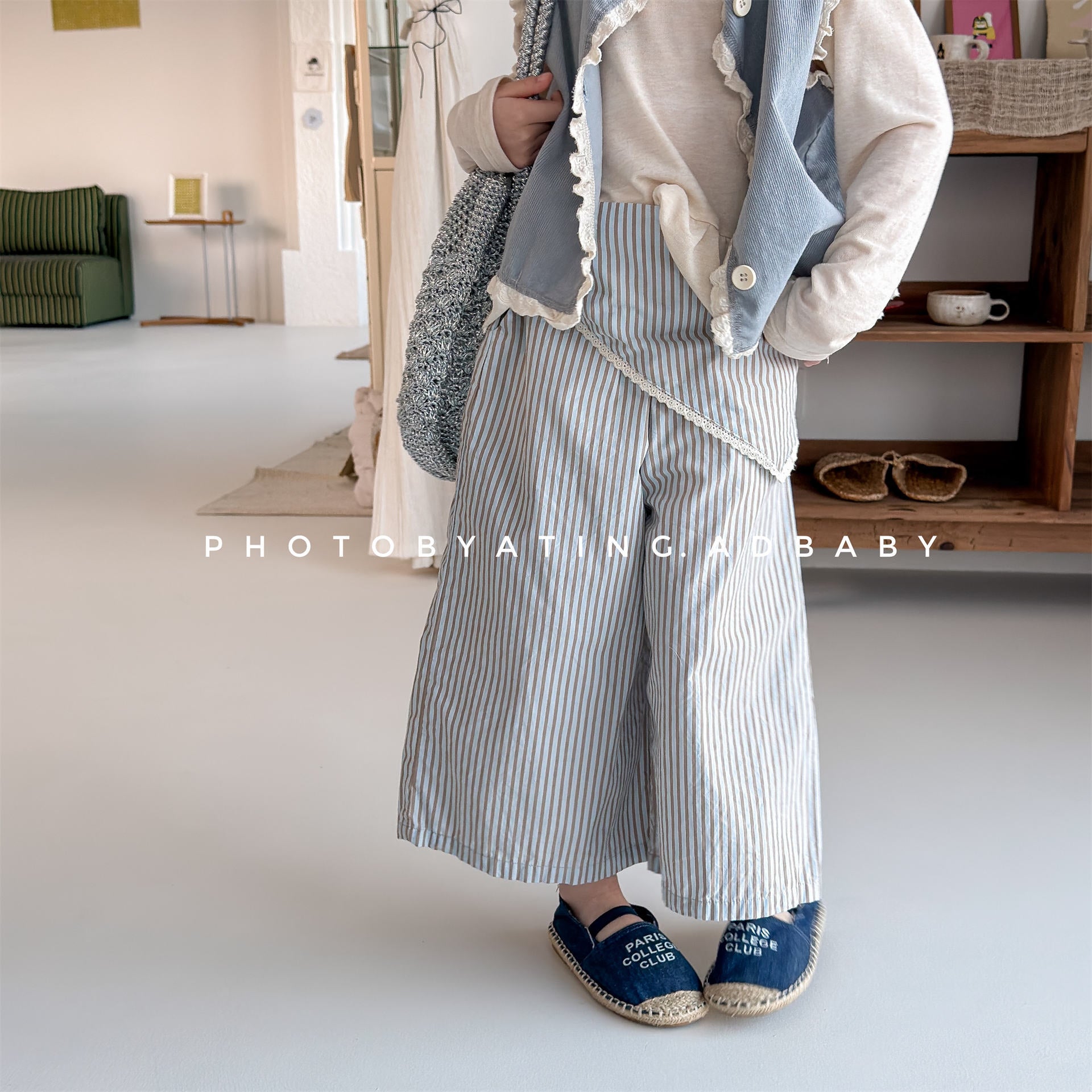 Striped Check Wide Cropped Pants ストライプ チェック ワイドパンツ【mh0012443】 ADbaby ロングパンツ・スウェットパンツ