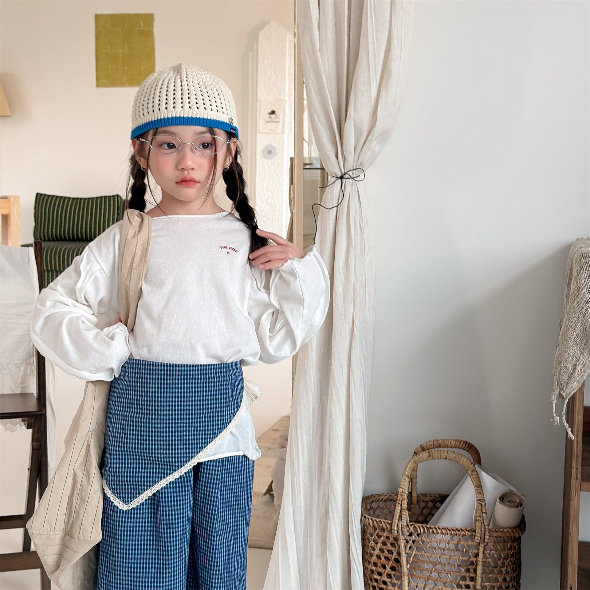 Striped Check Wide Cropped Pants ストライプ チェック ワイドパンツ【mh0012443】 ADbaby ロングパンツ・スウェットパンツ