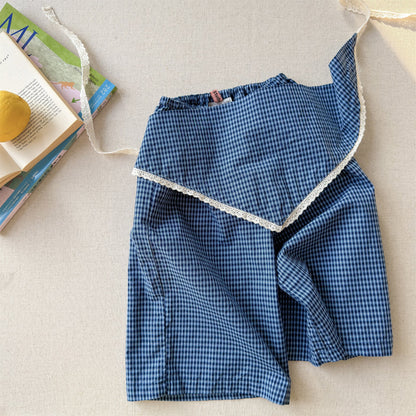 Striped Check Wide Cropped Pants ストライプ チェック ワイドパンツ【mh0012443】 Blue / 80cm ADbaby ロングパンツ・スウェットパンツ