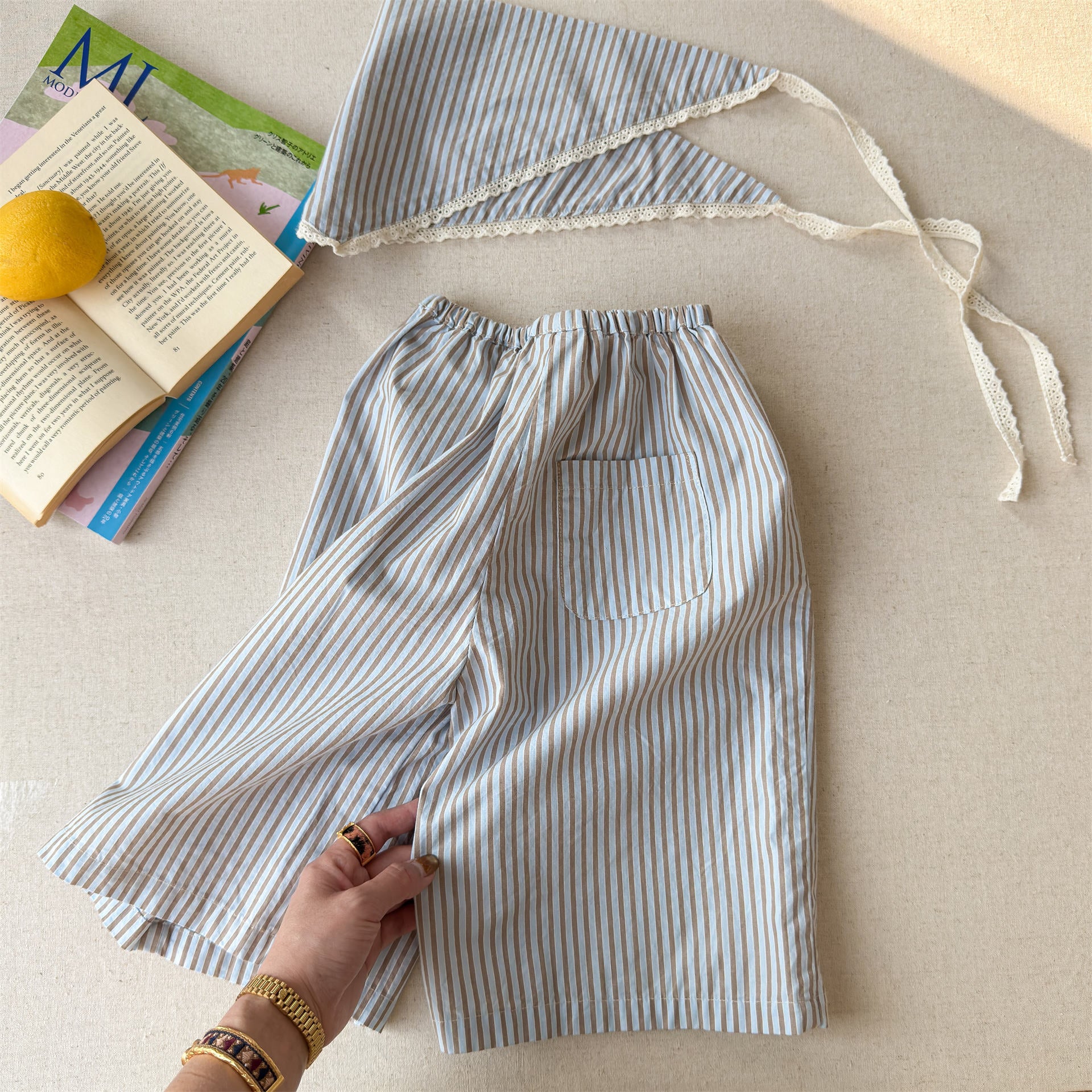 Striped Check Wide Cropped Pants ストライプ チェック ワイドパンツ【mh0012443】 Coffee / 80cm ADbaby ロングパンツ・スウェットパンツ