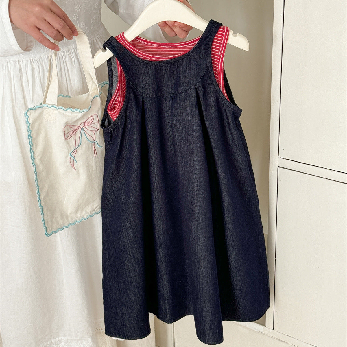 Striped Denim Sleeveless Dress Set ストライプデニム ノースリーブワンピース セット【mh0012284】 Blue / 90cm Laibaobao