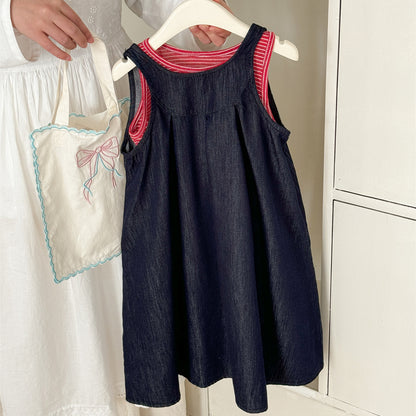 Striped Denim Sleeveless Dress Set ストライプデニム ノースリーブワンピース セット【mh0012284】 Blue / 90cm Laibaobao