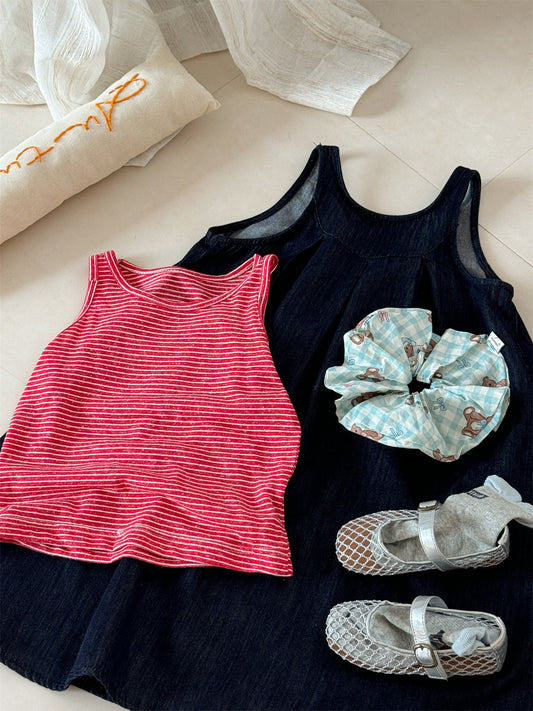 Striped Denim Sleeveless Dress Set ストライプデニム ノースリーブワンピース セット【mh0012284】 Laibaobao