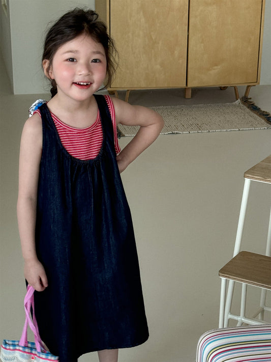 Striped Denim Sleeveless Dress Set ストライプデニム ノースリーブワンピース セット【mh0012284】 Laibaobao