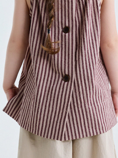 茶系ストライプのノースリーブトップス、前開きボタン付き