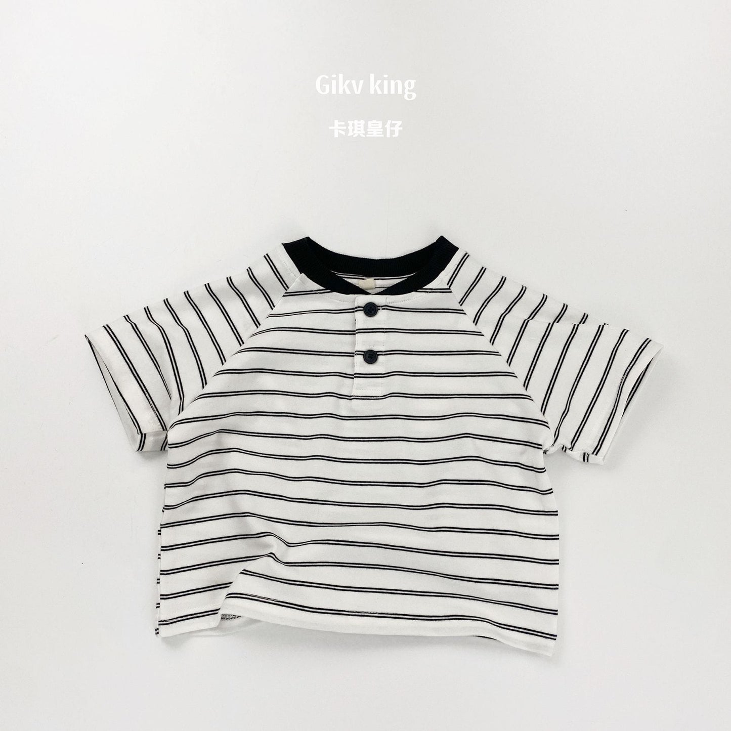 Striped Henley Neck Raglan Tee ボーダー 半袖Tシャツ【mh0013481】 Black / 80cm Gikv king 半袖Tシャツ