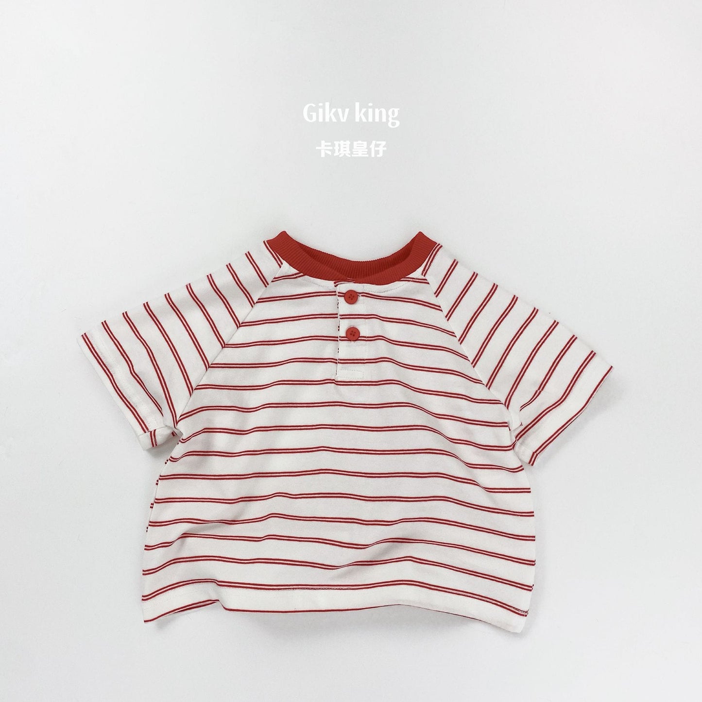 Striped Henley Neck Raglan Tee ボーダー 半袖Tシャツ【mh0013481】 Red / 80cm Gikv king 半袖Tシャツ