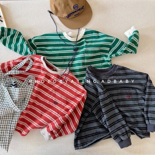 Striped Long Sleeve Cotton T-shirt ボーダー柄 ポケット付き 長袖 Tシャツ【mh0012449】 ADbaby 長袖Tシャツ