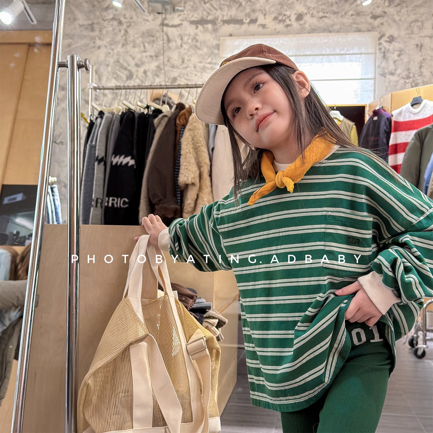 Striped Long Sleeve Cotton T-shirt ボーダー柄 ポケット付き 長袖 Tシャツ【mh0012449】 ADbaby 長袖Tシャツ