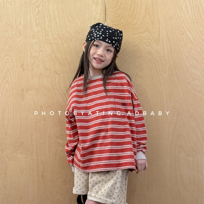 Striped Long Sleeve Cotton T-shirt ボーダー柄 ポケット付き 長袖 Tシャツ【mh0012449】 ADbaby 長袖Tシャツ