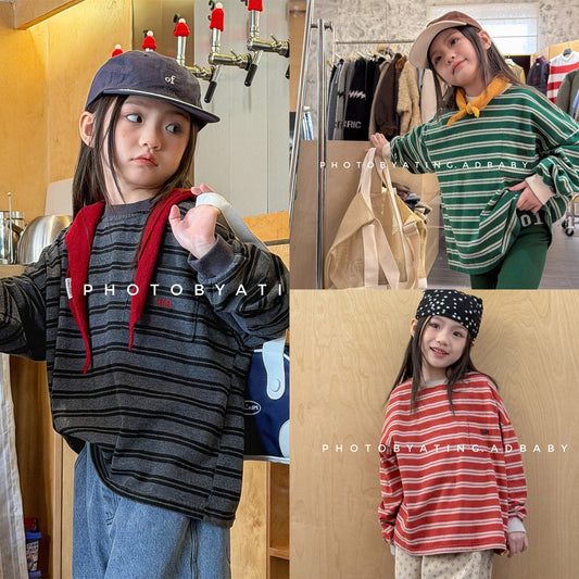 Striped Long Sleeve Cotton T-shirt ボーダー柄 ポケット付き 長袖 Tシャツ【mh0012449】 ADbaby 長袖Tシャツ