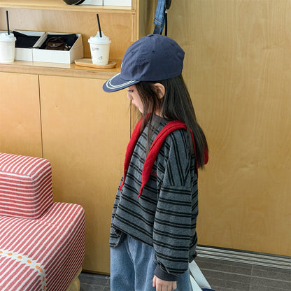 Striped Long Sleeve Cotton T-shirt ボーダー柄 ポケット付き 長袖 Tシャツ【mh0012449】 ADbaby 長袖Tシャツ