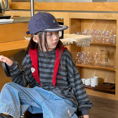 Striped Long Sleeve Cotton T-shirt ボーダー柄 ポケット付き 長袖 Tシャツ【mh0012449】 ADbaby 長袖Tシャツ