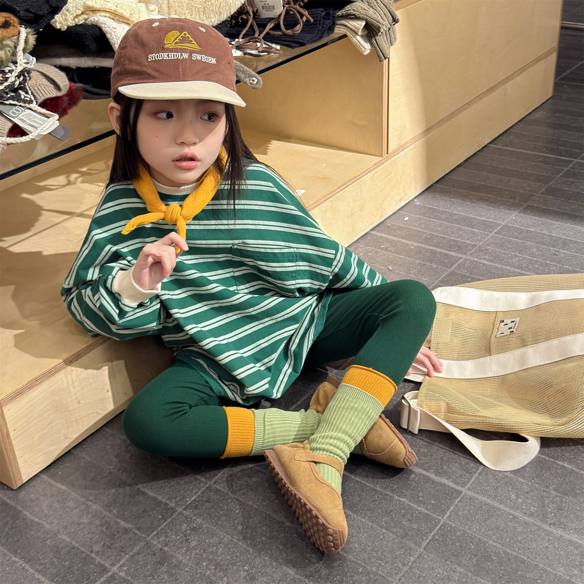 Striped Long Sleeve Cotton T-shirt ボーダー柄 ポケット付き 長袖 Tシャツ【mh0012449】 ADbaby 長袖Tシャツ
