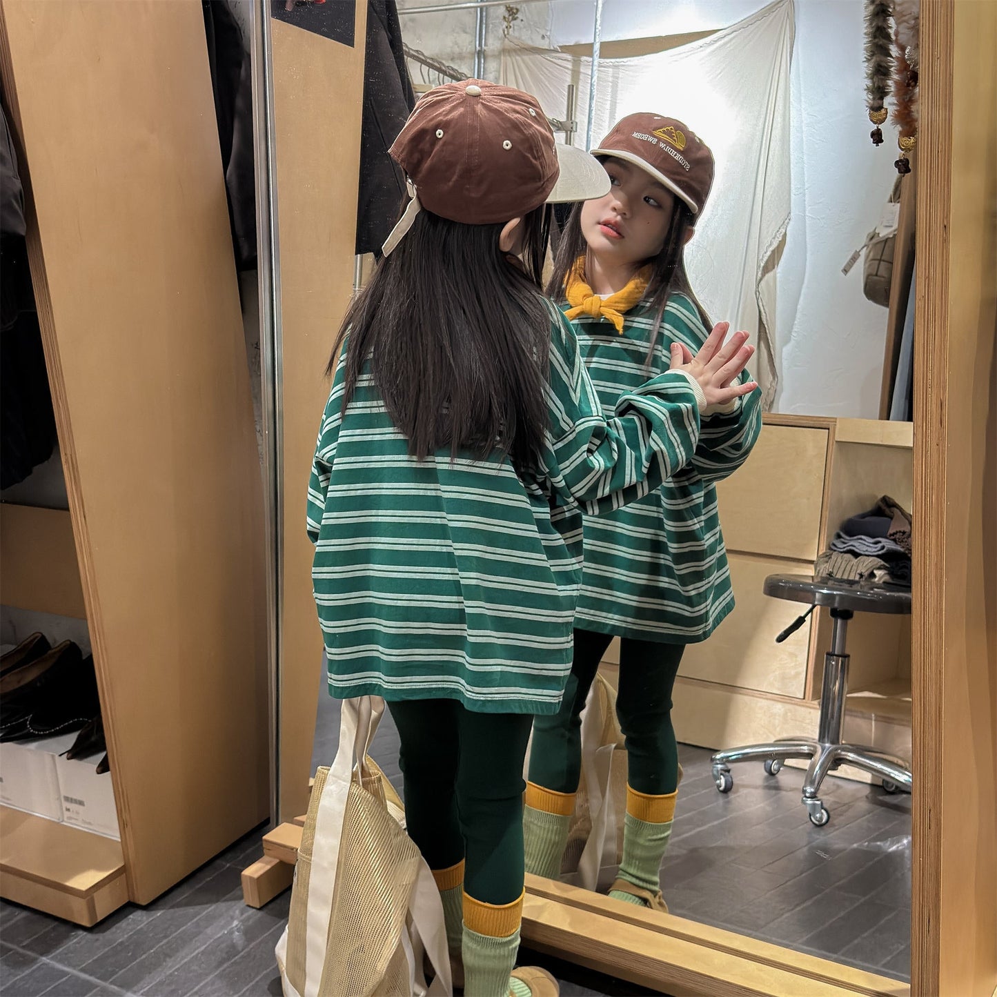 Striped Long Sleeve Cotton T-shirt ボーダー柄 ポケット付き 長袖 Tシャツ【mh0012449】 ADbaby 長袖Tシャツ