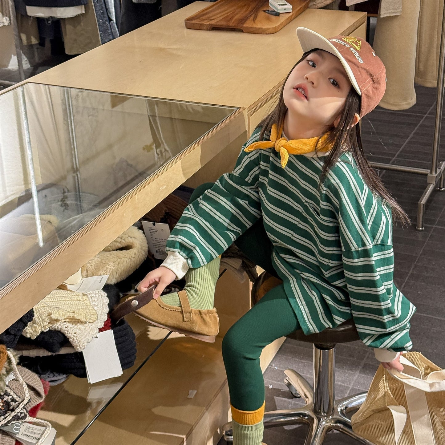Striped Long Sleeve Cotton T-shirt ボーダー柄 ポケット付き 長袖 Tシャツ【mh0012449】 ADbaby 長袖Tシャツ