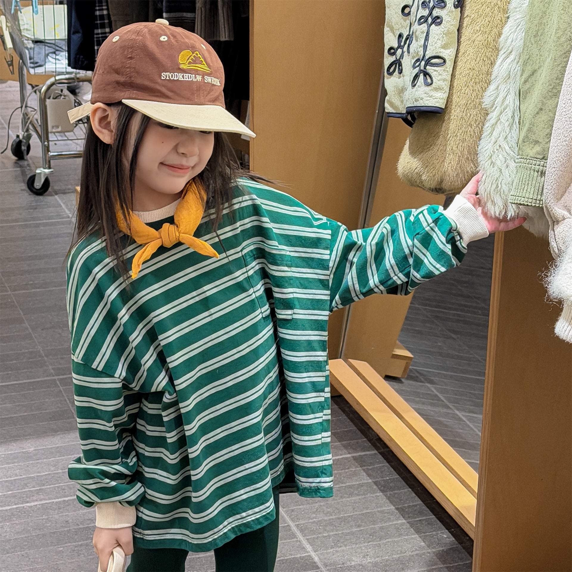 Striped Long Sleeve Cotton T-shirt ボーダー柄 ポケット付き 長袖 Tシャツ【mh0012449】 ADbaby 長袖Tシャツ