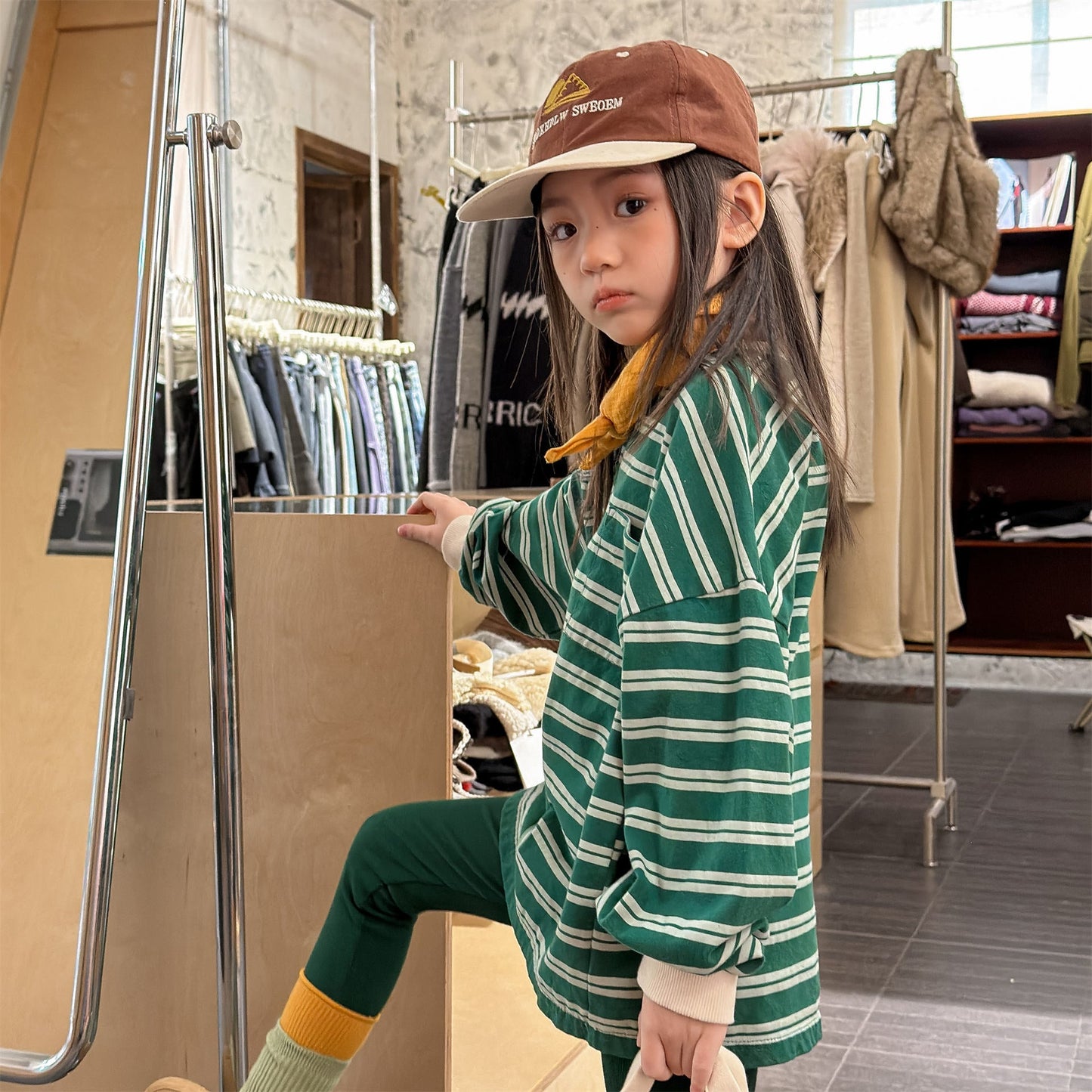 Striped Long Sleeve Cotton T-shirt ボーダー柄 ポケット付き 長袖 Tシャツ【mh0012449】 ADbaby 長袖Tシャツ